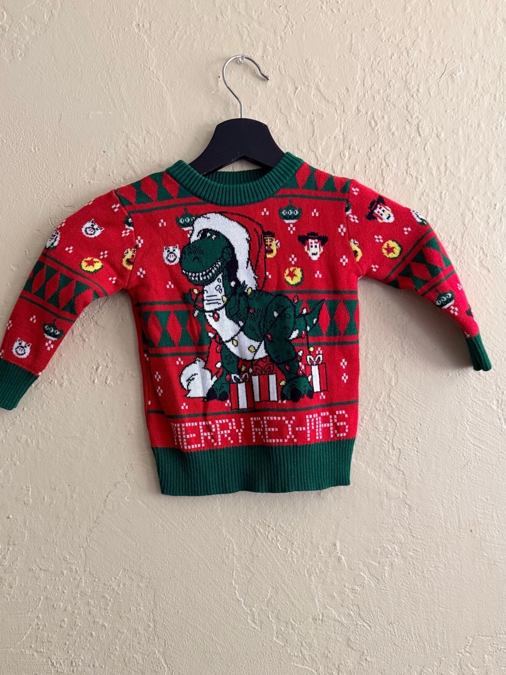 Disney Kids Red & Green Dinosaur Holiday Sweater